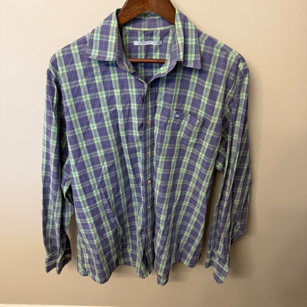 Southern Tide Plaid Button-Down in Blue and Green